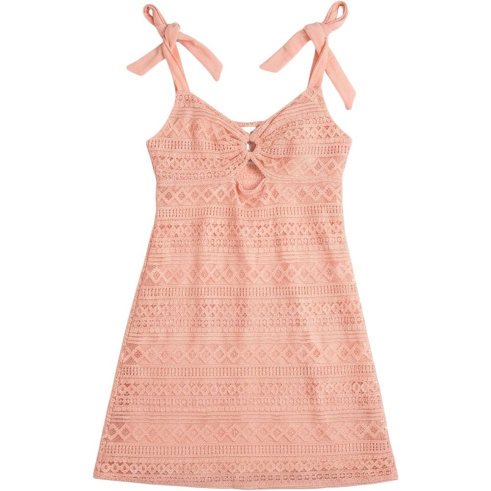 Love To Be Spoiled Peach Coral Crochet Lace Mini Dress Tie Strap Small